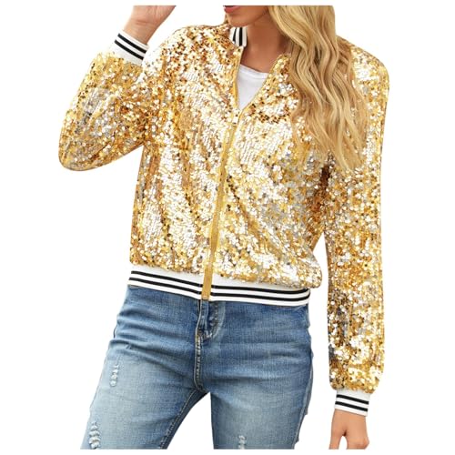 Damen PaillettenBlazer Glitzer Cardigan Jacke Langarm Glitzer Bomberjacke Party Club Jacke Pailletten- Damen Tailliert Anzugjacke Glitzer Tops Kurz Oberteile Glitzer Outfits Streetwear (04 Gold, M) von Orbgons