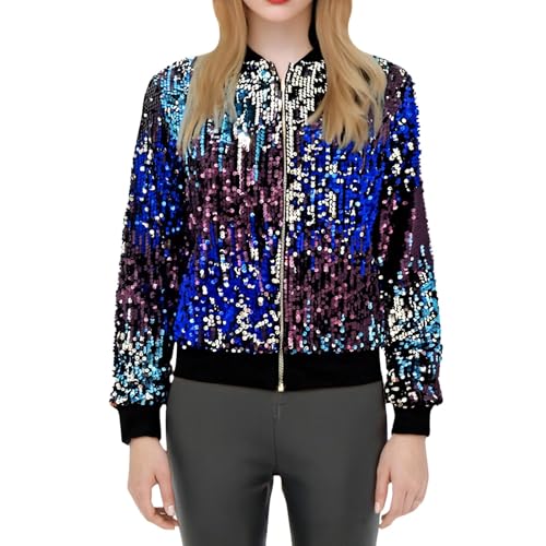 Damen PaillettenBlazer Glitzer Cardigan Jacke Langarm Glitzer Bomberjacke Party Club Jacke Pailletten- Damen Tailliert Anzugjacke Glitzer Tops Kurz Oberteile Glitzer Outfits Streetwear (05 Blue, XXL) von Orbgons