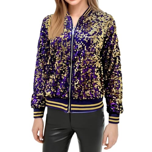 Damen PaillettenBlazer Glitzer Cardigan Jacke Langarm Glitzer Bomberjacke Party Club Jacke Pailletten- Damen Tailliert Anzugjacke Glitzer Tops Kurz Oberteile Glitzer Outfits Streetwear (05 Purple, L) von Orbgons