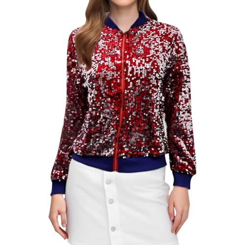 Damen PaillettenBlazer Glitzer Cardigan Jacke Langarm Glitzer Bomberjacke Party Club Jacke Pailletten- Damen Tailliert Anzugjacke Glitzer Tops Kurz Oberteile Glitzer Outfits Streetwear (05 Red, M) von Orbgons