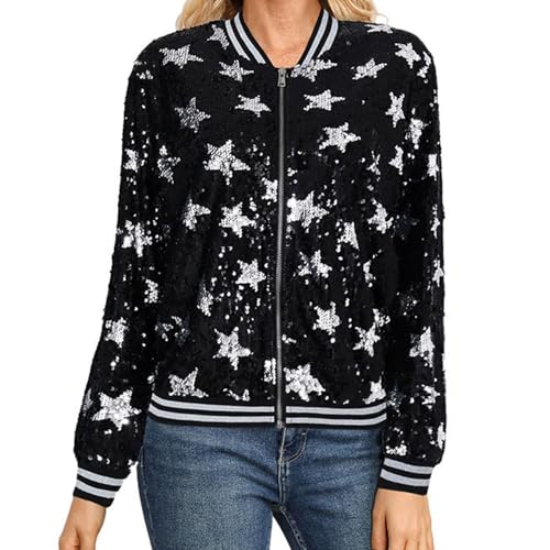 Damen PaillettenBlazer Glitzer Cardigan Jacke Langarm Glitzer Bomberjacke Party Club Jacke Pailletten- Damen Tailliert Anzugjacke Glitzer Tops Kurz Oberteile Glitzer Outfits Streetwear (06 Silver, M) von Orbgons