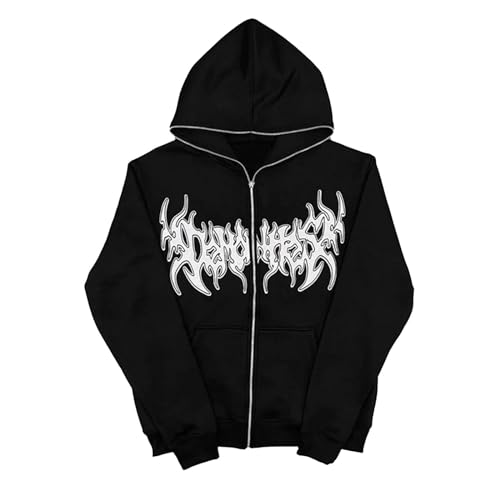 Damen Print Hoodie Damen Punk Gothic Zip Jacke Unisex Hoodie Langärmelige Freizeitjacke mit Taschen Vintage Damen Kapuzenpullover Gothic Kapuzenjacke Outdoor Pullovers Halloween (Black, M) von Orbgons
