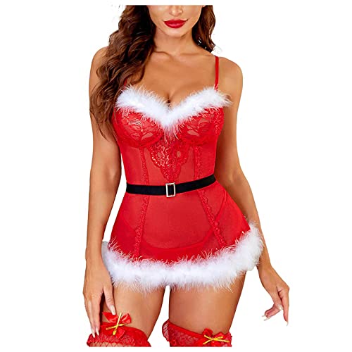 Damen Unterwäsche Weihnachts Spitze Xmas Nachtwäsche Spitze Bindeseil Lingerie Set Negligee Reizvolle Baby Dolls Kostüm Nachtwäsche Lingerie Kleid Weihnachtskostüm Frauen Charmantes Kostüm (a-Red, S) von Orbgons