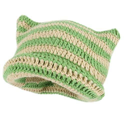 Damen Winter Katzenohren Hüte Strickmütze Weiche Slouchy Gestreifte Strickmütze Trendige Warme Gehäkelte Geflochtene Strickmützen Häkelmütze Katze Hut Vintage Mütze Geflochten (02-Green, One Size) von Orbgons