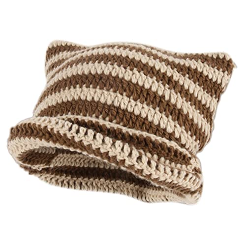 Damen Winter Katzenohren Hüte Strickmütze Weiche Slouchy Gestreifte Strickmütze Trendige Warme Gehäkelte Geflochtene Strickmützen Häkelmütze Katze Hut Vintage Mütze Geflochten (03-Coffee, One Size) von Orbgons