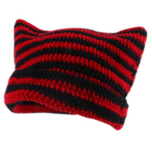 Damen Winter Katzenohren Hüte Strickmütze Weiche Slouchy Gestreifte Strickmütze Trendige Warme Gehäkelte Geflochtene Strickmützen Häkelmütze Katze Hut Vintage Mütze Geflochten Mütze (06-Red, One Size) von Orbgons