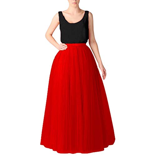 Faltenrock Tüllrock Lang, Tüllrock A Linie Elastischer Hoher Bund Midirock Damen Mesh Großer Saum Langer Rock, Schwarz Blau Grün Rock Tüll Unterrock, Faschingskostüme, Karneval (01 Red, One Size) von Orbgons