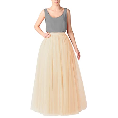 Faltenrock Tüllrock Lang, Tüllrock A Linie Elastischer Hoher Bund Midirock Damen Mesh Großer Saum Langer Rock, Schwarz Blau Grün Rock Tüll Unterrock, Faschingskostüme, Karneval (03 Beige, One Size) von Orbgons