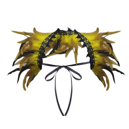 Federkragen, Gothic Feder Achselzucken Schalkragen Halloween Kostüm Karneval Federumhang Gothic Stil Feder Kragen Karneval Make-up Perle Spitze Kragen Kleidung Zubehör Schnürung (01 Yellow, One Size) von Orbgons