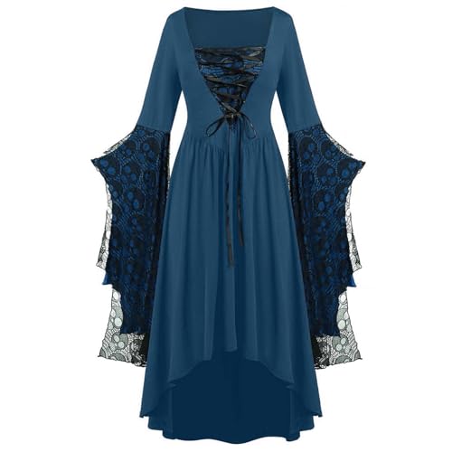 Frauen Langarm Mittelalter Kleid Damen Mittelalterliche Kleid mit Trompetenärmel, Mittelalter Viktorianischen Kleider Renaissancee Gotisch Maxikleid Halloween Party Prinzessin Kostüm (Navy, XXXXXL) von Orbgons