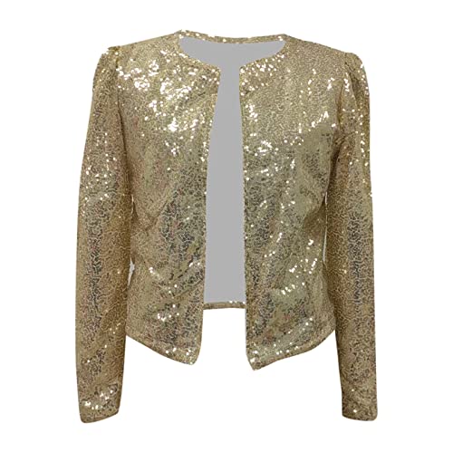 Karneval Damen Glitzer Pailletten Jacke Hiphop Langarm Bomberjacke Fliegenjacke Bikerjacke Outwear Pailletten Fransenjacke Disco Rave Party Outwear Elegant Tailliert Kurz Oberteile (Gold, XXXL) von Orbgons