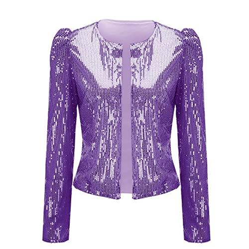 Karneval Damen Glitzer Pailletten Jacke Hiphop Langarm Bomberjacke Fliegenjacke Bikerjacke Outwear Pailletten Fransenjacke Disco Rave Party Outwear Elegant Tailliert Kurz Oberteile (Purple, XXXL) von Orbgons