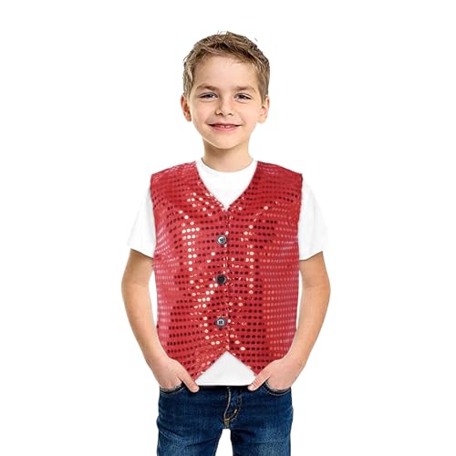Kinder Pailletten Weste ärmellos V-Ausschnitt, Glitzer Weste Jacke Festlich Party Tanzbekleidung Bühnenauftritt Hip Hop Jazz Street Dance Kleidung Tanzkostüm Performance-Kostüm (Red, 10-12 Years) von Orbgons