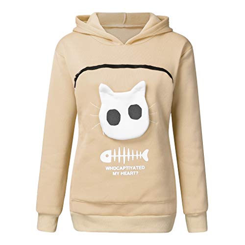 Langarm Pullover Damen Kapuzenpullover mit Katzen Hund Tasche Katzentasche Pullover Hunde Katze Tasche Sweatshirt Pulli Hoodie Lässig Bequem Hoodie Pullover Warme Langarmshirt Katzenpulli (Beige, M) von Orbgons