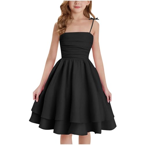 Mädchen Kleider Spaghettiträger Kinder Sommer Baumwolle Festliche Kleid A-Linie Freizeitkleid Swingkleid Elegant ärmelloses Kleid für Girl 8-12 Jahre (Black, 9 Years) von Orbgons