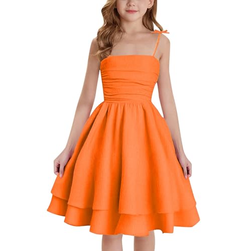 Mädchen Kleider Spaghettiträger Kinder Sommer Baumwolle Festliche Kleid A-Linie Freizeitkleid Swingkleid Elegant ärmelloses Kleid für Girl 8-12 Jahre (Orange, 10 Years) von Orbgons