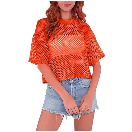 Netz Oberteil Netzshirt Frauen Off Shoulder Netzshirt Netztop Netzhemd 80er Jahre Outfits Karneval Party Tops Netzoberteil Sommertops 90er Jahre Outfits Karneval Party Tops Fischernetz (Y01-Red, L) von Orbgons