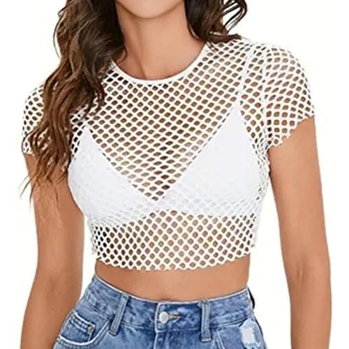 Netz Oberteil Netzshirt Frauen Off Shoulder Netzshirt Netztop Netzhemd 80er Jahre Outfits Karneval Party Tops Netzoberteil Sommertops 90er Jahre Outfits Karneval Party Tops Fischernetz (Y02-White, M) von Orbgons