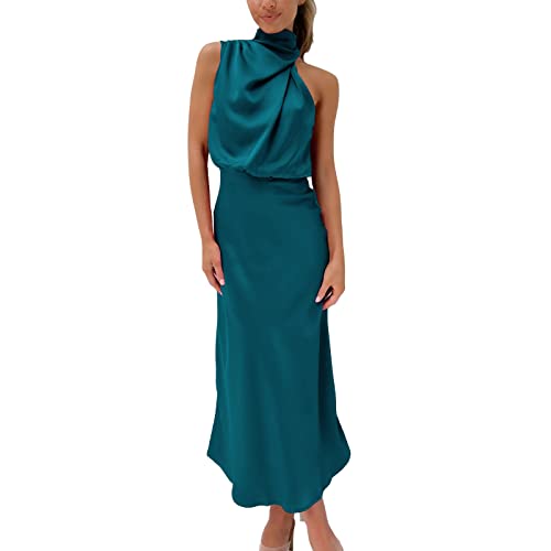 Orbgons Abendkleider elegant für Hochzeit, Damen Elegant Ärmellos Neckholder Satin Sommer Hochzeit Lang Abendkleider Elastische Taille Cocktailkleid Formal Hochzeitsgast Party Maxi Kleider (Blue, S) von Orbgons