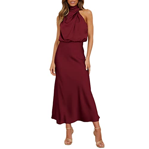 Orbgons Abendkleider elegant für Hochzeit, Damen Elegant Ärmellos Neckholder Satin Sommer Hochzeit Lang Abendkleider Elastische Taille Cocktailkleid Formal Hochzeitsgast Party Maxi Kleider (Red, M) von Orbgons