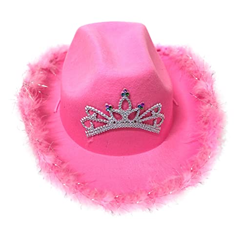 Orbgons Cowboyhut mit Federn für Dating-Party, Rosa Hut mit Feder, Flauschiger Federrand, Erwachsenengröße, Cowboyhut mit Federn für Bachelorette-Kostümparty, Spiel-Anzieh-Outfits für Frauen Mädchen von Orbgons