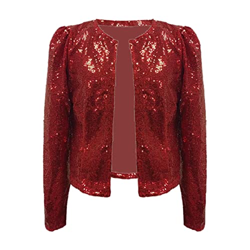 Orbgons Karneval Damen Glitzer Pailletten Jacke Hiphop Langarm Bomberjacke Fliegenjacke Bikerjacke Outwear Pailletten Fransenjacke Disco Rave Party Outwear Elegant Tailliert Kurz Oberteile (Red, XXL) von Orbgons