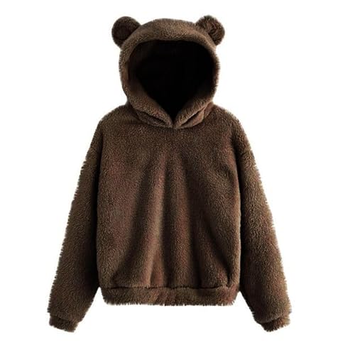 Orbgons Kuschelpullover Damen, Teddy Fleece Pullover Damen mit Bären Ohren KapuzeKuschel Hoodie Winter Warm Fleecepulli Teddyfleece Pulli Plüsch Einfarbig Kapuzenpullover Sweatshirt (Coffee, S) von Orbgons