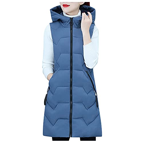 Orbgons Steppweste Mantel Damen Regenjacke Lang Mantel Damen Winterjacke Lang Warm Winterjacke Größen Coat Lange Steppjacke Mantel Damen Winter Lange Einfarbig Jacke Zip Ohne Ärmel (Blue, M) von Orbgons