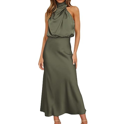 Orbgons one Shoulder Kleid, Damen Satin Kleid Lang Abendkleider Ärmellos Elastische Taille Hochzeit Cocktailkleid Elegant Formal Hochzeitsgast Party Maxi Kleider (Green #3, L) von Orbgons