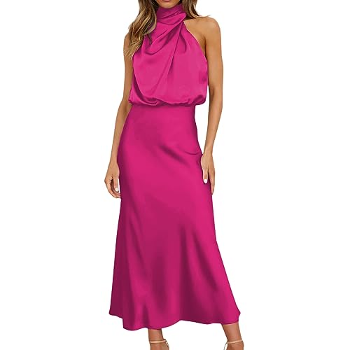 Orbgons one Shoulder Kleid, Damen Satin Kleid Lang Abendkleider Ärmellos Elastische Taille Hochzeit Cocktailkleid Elegant Formal Hochzeitsgast Party Maxi Kleider (S) von Orbgons