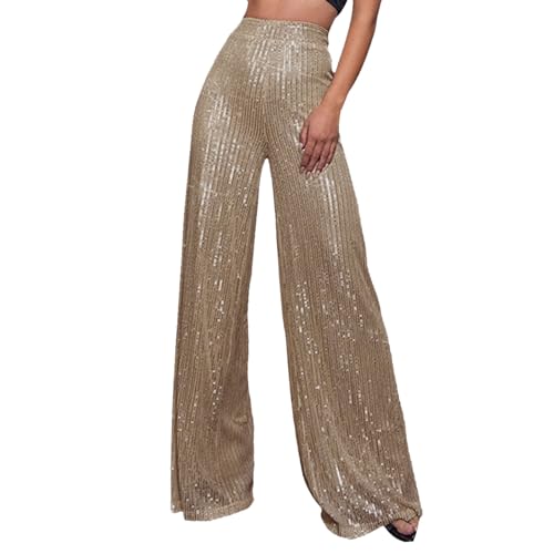 Pailletten Hose Damen Gold-Glitzer Hose Lang Metallic Hose Lang High Waist Baggy Jogginghose Weites Bein Sommerhose Locker Weite Hose Große Größen Paillettenhose Metallic Hosen Büro (Rose Gold-a, M) von Orbgons