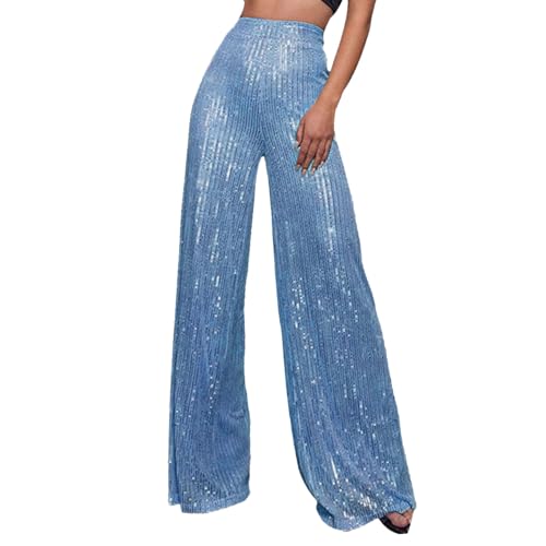 Pailletten Hose Damen Gold-Glitzer Hose Lang Metallic Hose Lang High Waist Baggy Jogginghose Weites Bein Sommerhose Locker Weite Hose Große Größen Paillettenhose Metallic Hosen Büro Pants (Blue-a, XL) von Orbgons