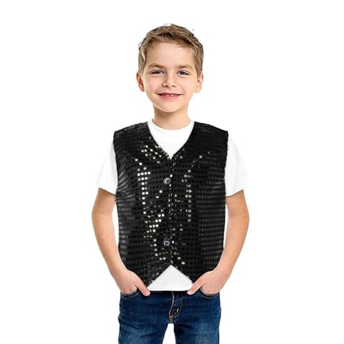 Pailletten Weste Kinder Jungen Ärmellos Anzugjacke Glänzend Party Disco Oberteil Mit Knöpfe Hip Hop Jazz Street Dance Kleidung Tanzkostüm Jungen Glitzer Pailletten Weste Jacke (Black, 10-12 Years) von Orbgons