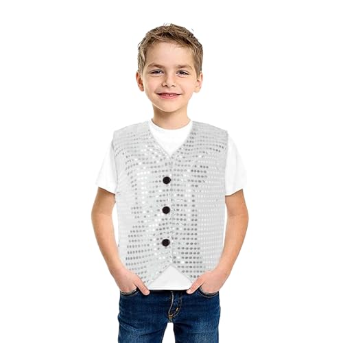Pailletten Weste Kinder Jungen Ärmellos Anzugjacke Glänzend Party Disco Oberteil Mit Knöpfe Hip Hop Jazz Street Dance Kleidung Tanzkostüm Jungen Glitzer Pailletten Weste Jacke (Silver, 12-18 Months) von Orbgons