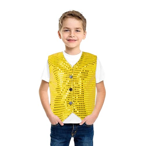 Pailletten Weste Kinder Jungen Ärmellos Anzugjacke Glänzend Party Disco Oberteil Mit Knöpfe Hip Hop Jazz Street Dance Kleidung Tanzkostüm Jungen Glitzer Pailletten Weste Jacke (Yellow, 5-6 Years) von Orbgons