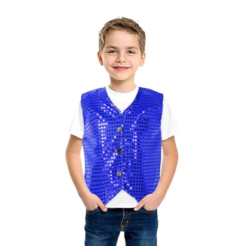 Pailletten Weste Kinder Jungen Ärmellos Anzugjacke Glänzend Party Disco Oberteil Mit Knöpfe Hip Hop Jazz Street Dance Kleidung Tanzkostüm Jungen Glitzer Pailletten Weste Jacke Weste (Blue, 4-5 Years) von Orbgons