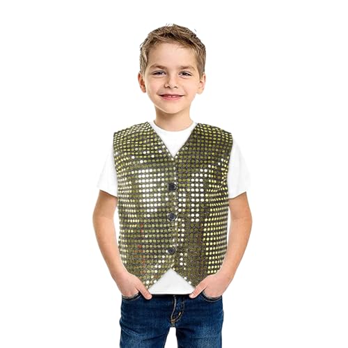Pailletten Weste Kinder Jungen Ärmellos Anzugjacke Glänzend Party Disco Oberteil Mit Knöpfe Hip Hop Jazz Street Dance Kleidung Tanzkostüm Jungen Glitzer Pailletten Weste Jacke Weste (Gold, 6-7 Years) von Orbgons
