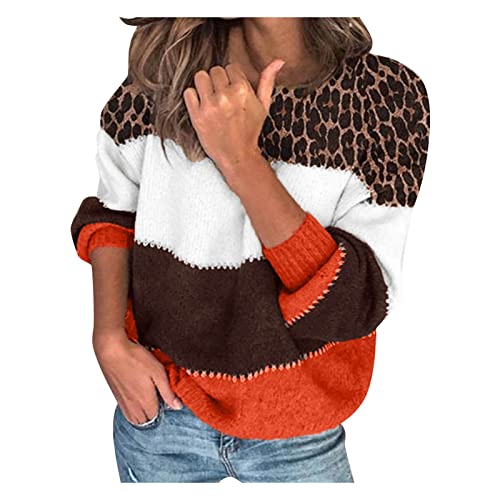 Pullover Damen Strickpullover Lässige Rundhals Langarm Pulli Damen Leopard Print Strickpullover Elegantes Stricktop Patchwork Oberteile Langarmshirt Warme Blusen Oberteile Herbst Winter Sweatshirt von Orbgons