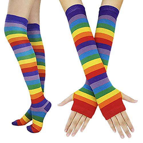 Orbgons Punk Gothic Rock Lange Armwärmer Fingerlose Handschuhe in Regenbogenfarben, Karneval Cosplay Handschuhe, Mädchen Gestreifte Hohe Socken Regenbogen Lange Socken (Handschuhe & Socken, One Size) von Orbgons