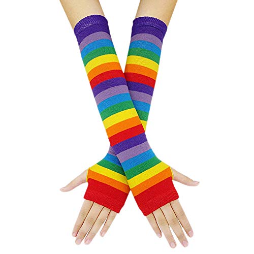 Punk Gothic Rock Lange Armwärmer Fingerlose Handschuhe in Regenbogenfarben, Karneval Cosplay Handschuhe, Mädchen Gestreifte Hohe Socken Regenbogen Lange Socken Armwärmer (Handschuhe, One Size) von Orbgons