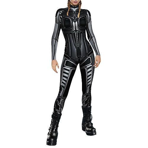 Roboter Jumpsuit Damen, Kostüm Damen Bodysuit Cosplay, 3D Roboter Erwachsene Jumpsuit Langarm Catsuit Langarm Skinny Bodysuit Kostüme Für Erwachsene Für Verkleidung Faschingkarneval (02 Black, S) von Orbgons