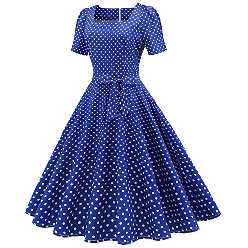 Rockabilly Kleider Damen Vintage Coctailkleid 50er Jahre Kurzarm V-Ausschnitt Polka Dot Swing Tunika a Linie Solides Cocktailkleid Hochzeit Partykleid Rockabilly Kleid Ballkleid (Blue, L) von Orbgons