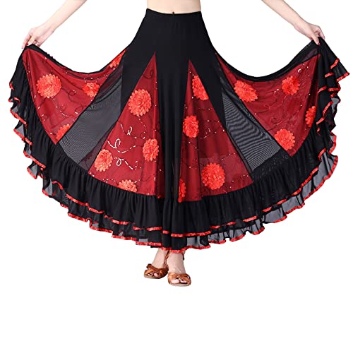 Roter schwarzer spanischer Stierkampf-Rock der Frauen FlamencoKostüm Big Swing Langer Rock Festival Performance Kleidung Tanz Performance Kleid Latin Tanz Damen Großer Swing Maxirock (Red, One Size) von Orbgons