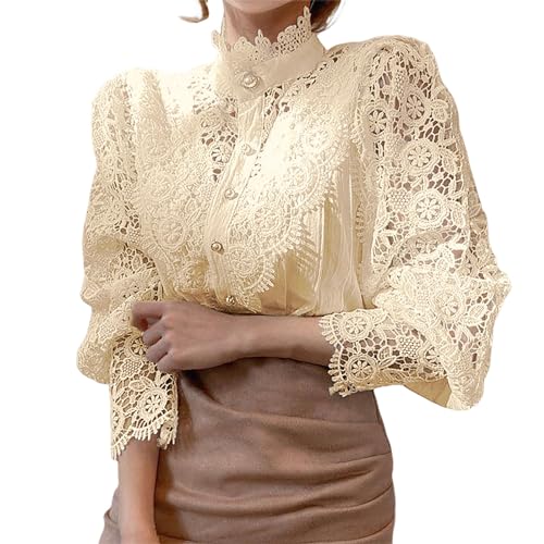 Spitze Leinenbluse Damen Sommer Damen Elegant Leinenhemd Einfarbig Bluse Oversized Sommer Kurzarm Blusen Langärmeliges Shirt Oberteile Langarm Casual Arbeit Damen Leinenbluse Atmungsaktive (Beige, L) von Orbgons