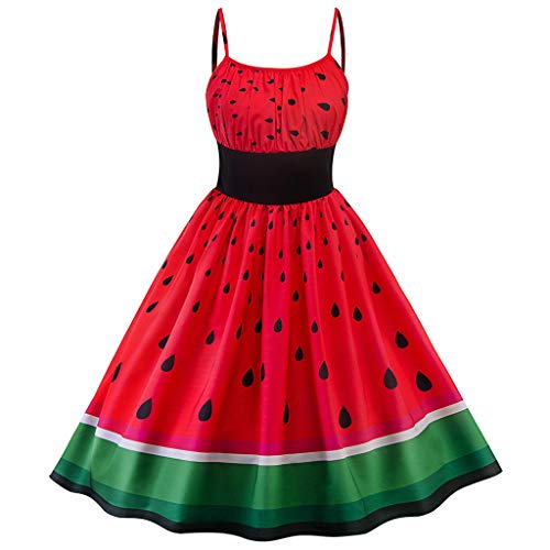 Vintage Coctailkleid 50er Jahre Rockabilly Kleider Damen Festliches Abendkleid Swing Coctailkleid Hochzeit Festlich Knielang Kleid Wassermelonen Print Kostüm Großer Saum Spaghetti (Red, XXL) von Orbgons