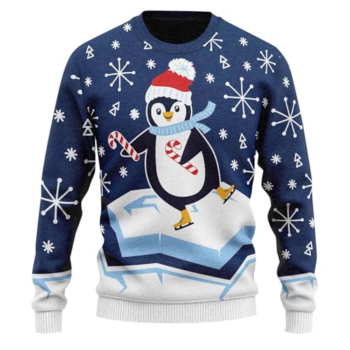 Weihnachtspullover Herren Lustig Strickpullover Christmas Sweater Weihnachtspulli Pinguin Sweatshirt hässlicher Weihnachtspullover Christmas Sweater Langarm Xmas Pullover Oberteile (02 Navy, XL) von Orbgons
