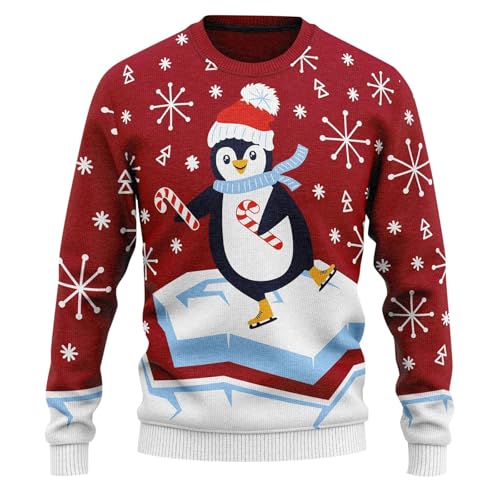 Weihnachtspullover Herren Lustig Strickpullover Christmas Sweater Weihnachtspulli Pinguin Sweatshirt hässlicher Weihnachtspullover Christmas Sweater Langarm Xmas Pullover Oberteile (02 Red, XXL) von Orbgons
