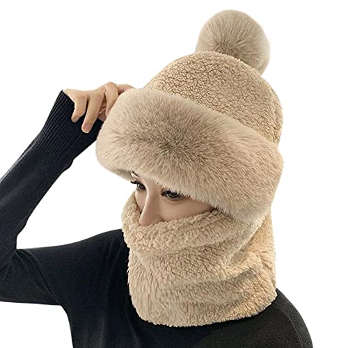 Wintermütze Mütze mit Mundschutz Damen, Winddichter Mützenschal Balaclava Mütze Damen Winter Warme Gestrickte Beanie Chunky Kabel Strickmütze mit Pompom Fleecefutter Dicke Bommelmütze für Frauen von Orbgons