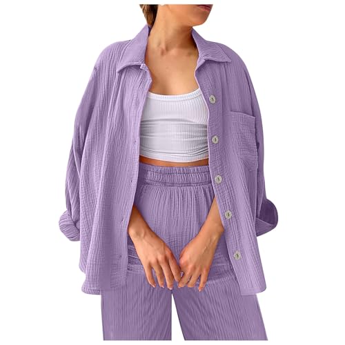 Zweiteiler Damen Sommer Musselin Bluse Hemd Lang Hose Musselin Zweiteiler Damen Sommer Outfit Leicht Urlaub Freizeit Oberteile Strand Loungewear Freizeitanzug Outfit Casual (Z01-Light Purple, S) von Orbgons