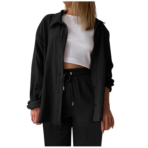 Zweiteiler Damen Sommer Musselin Bluse Hemd Lang Hose Musselin Zweiteiler Damen Sommer Outfit Leicht Urlaub Freizeit Oberteile Strand Loungewear Freizeitanzug Outfit Casual Loungewear (Black, XXL) von Orbgons